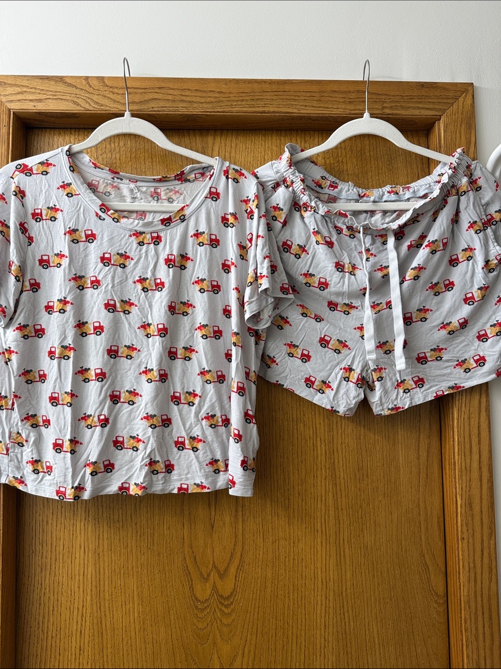 Women’s White Pajama Set with Red Fire Truck Print